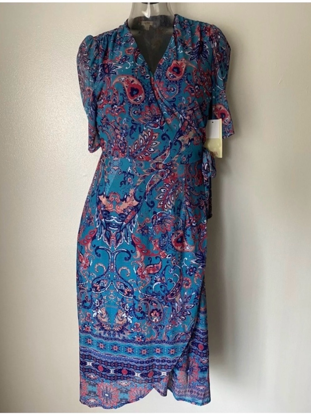 Reba Floral Paisley Wrap Midi Dress in Teal